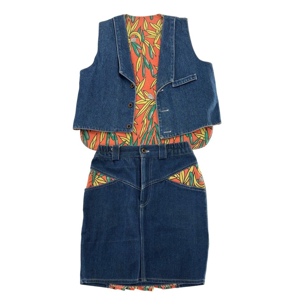 Vintage Papaya Denim Vest and Skirt Set Size 8 Tropical Ruffle Western 80s‎ 90s